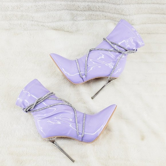 Lilac Purple Stretch Patent High Heel Ankle Boots with Rhinestone Straps - Picture 2 of 14
